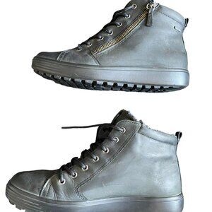 ECCO WOMEN BOOTIES LEATHER HIGH TOP SNEAKERS LACE UP AND ZIPPER SZ 39EU EX WIDE